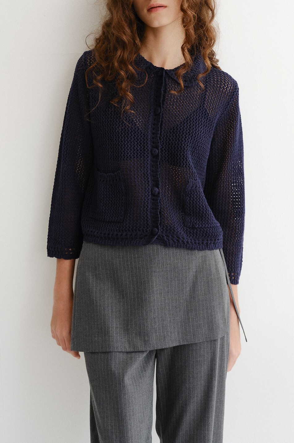 DUNST Peter-Pan collared openwork knit linen and cotton cardigan Women DARK BLUE 5