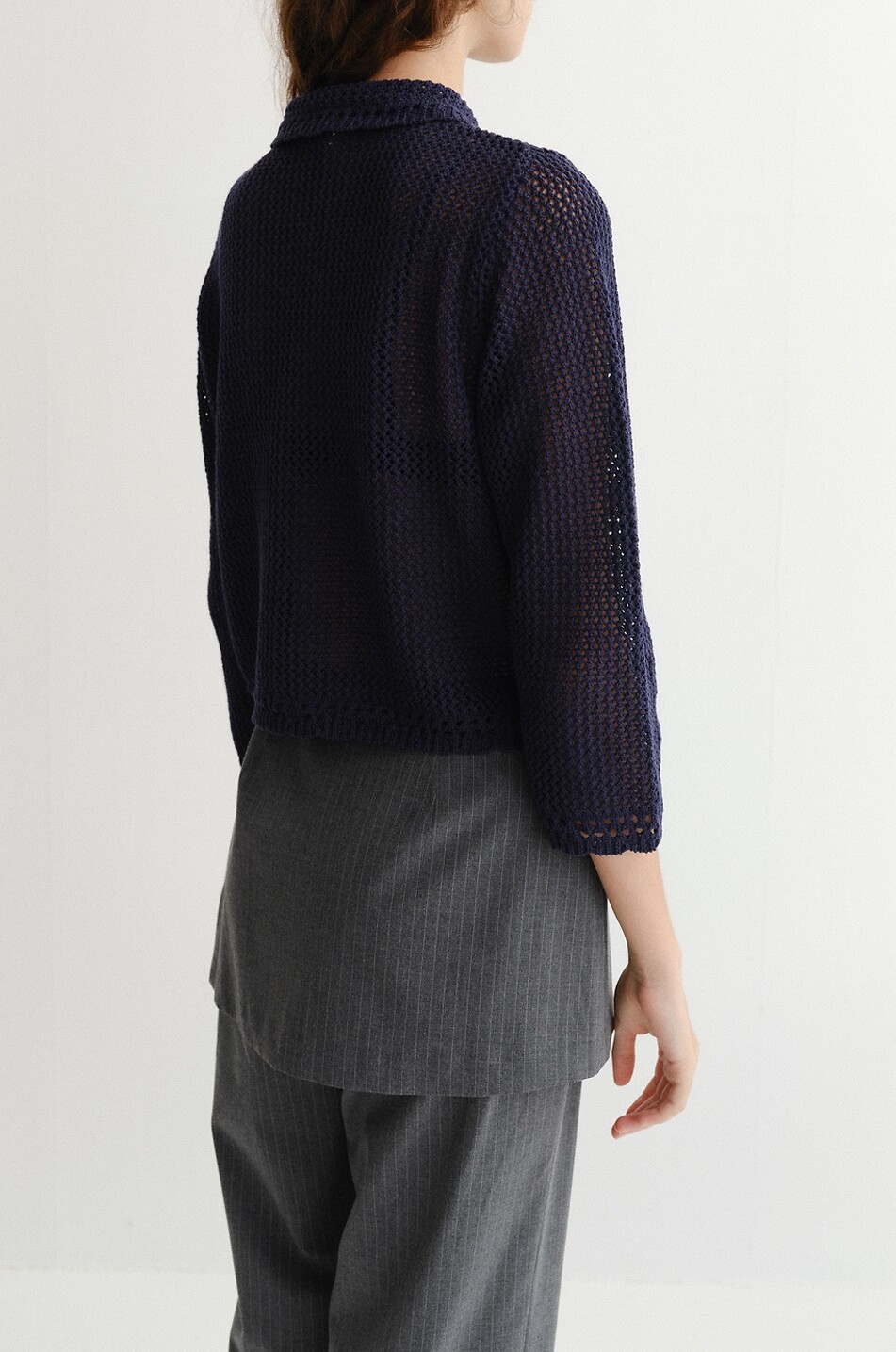 DUNST Peter-Pan collared openwork knit linen and cotton cardigan Women DARK BLUE 6