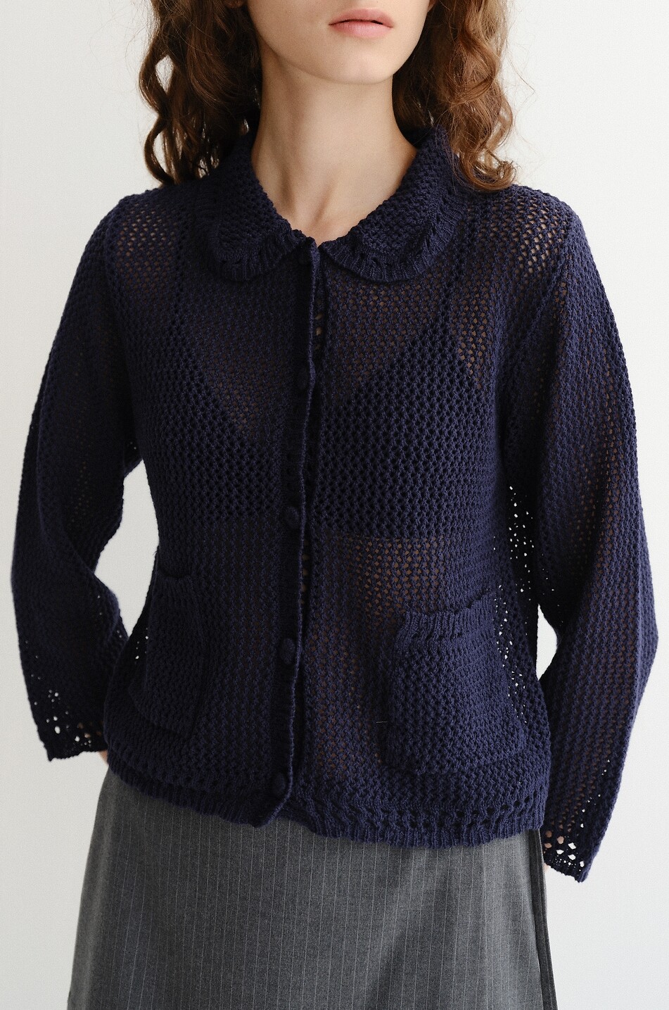 DUNST Peter-Pan collared openwork knit linen and cotton cardigan Women DARK BLUE 7