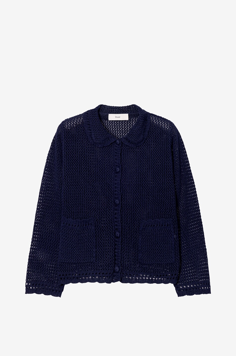 DUNST Peter-Pan collared openwork knit linen and cotton cardigan Women DARK BLUE 1
