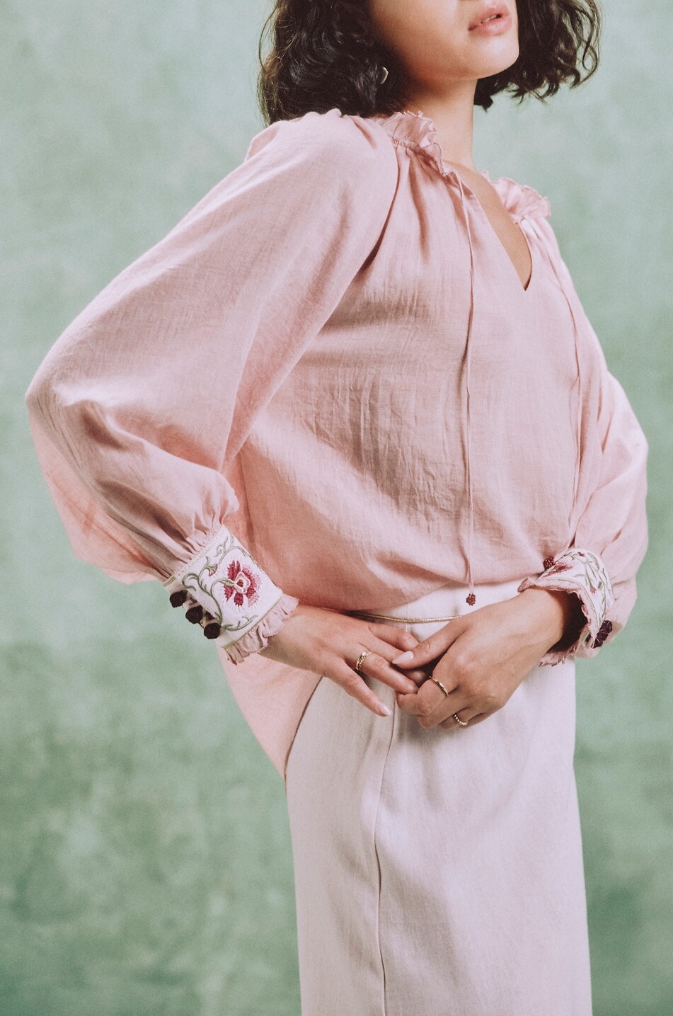 ROSEWATER HOUSE Chiara gauze blouse with embroidered puff sleeves Women PINK 2