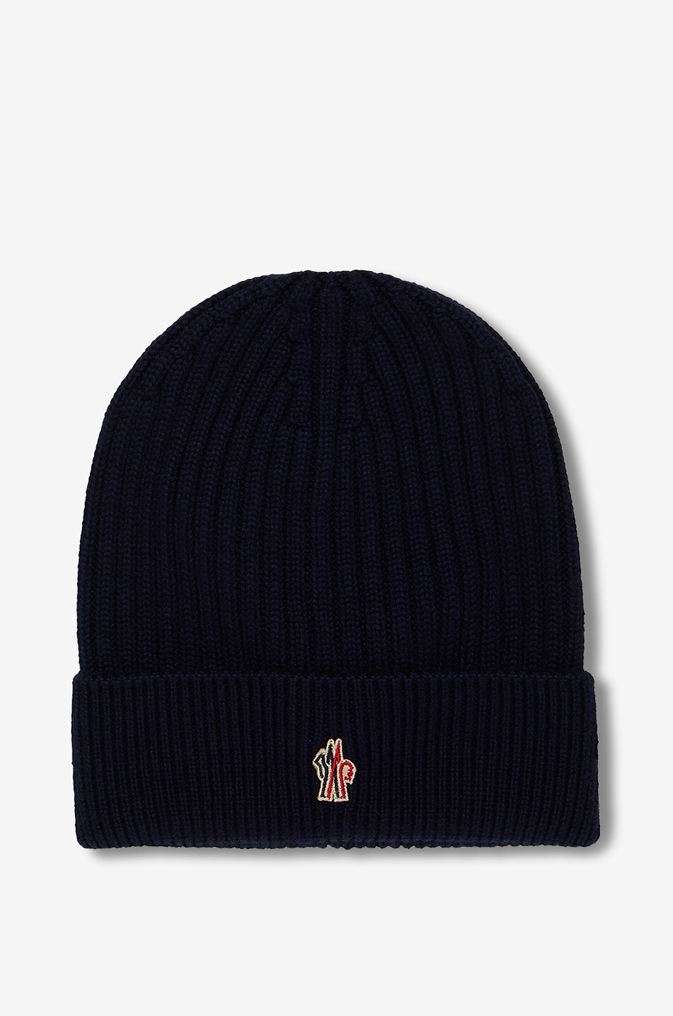 Logo patch embroidered rib knit virgin wool beanie