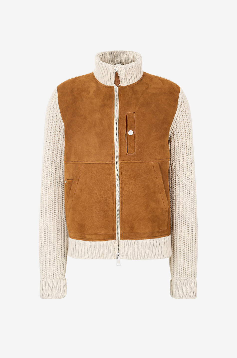 Ribbed wool and suede full-zip cardigan