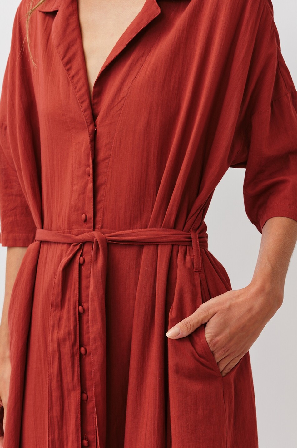 DIEGA Raclao belted mid-length cotton voile shirt dress Women DARK RED 4