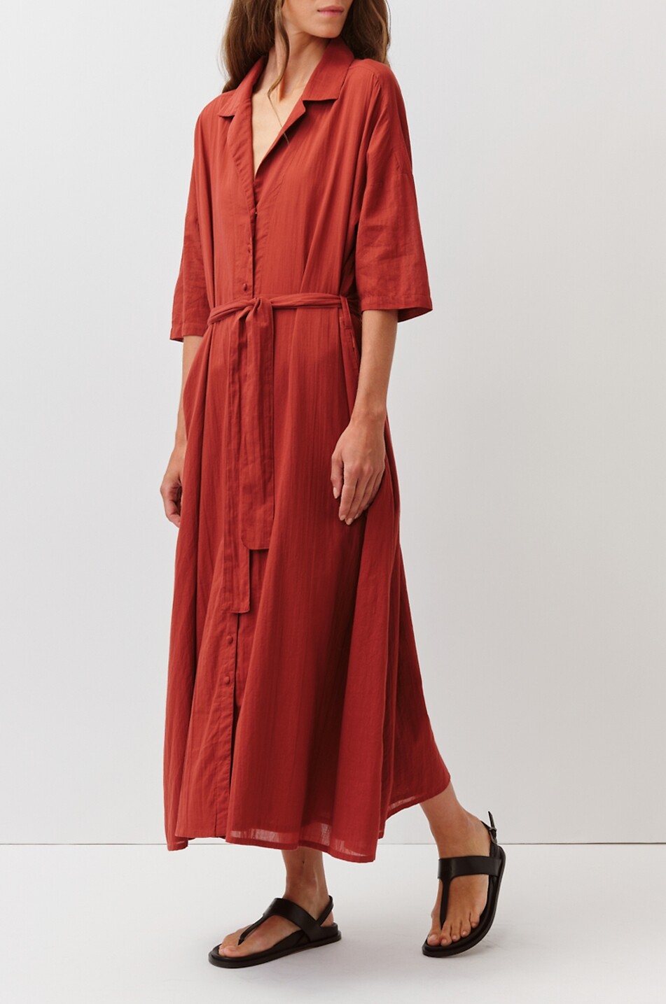 DIEGA Raclao belted mid-length cotton voile shirt dress Women DARK RED 2