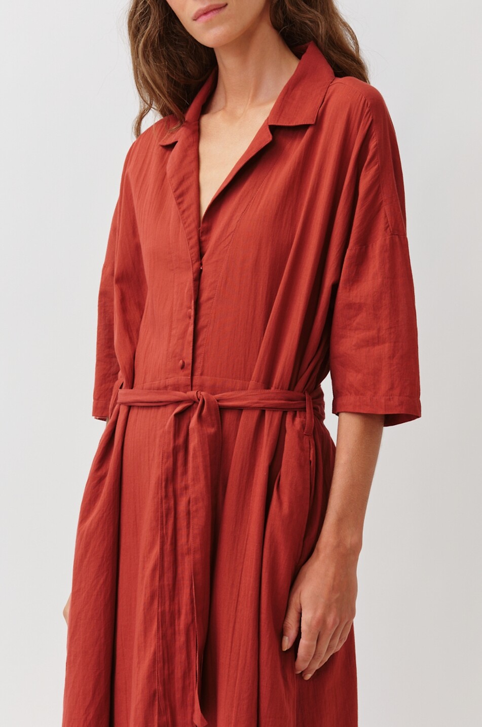 DIEGA Raclao belted mid-length cotton voile shirt dress Women DARK RED 5