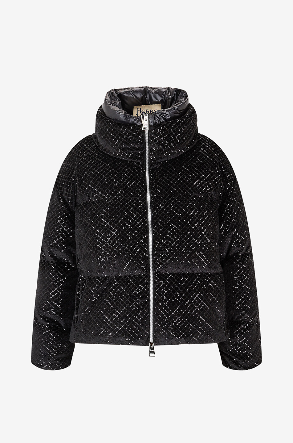 Kurze Boxy-Daunenjacke aus Samt mit Pailletten