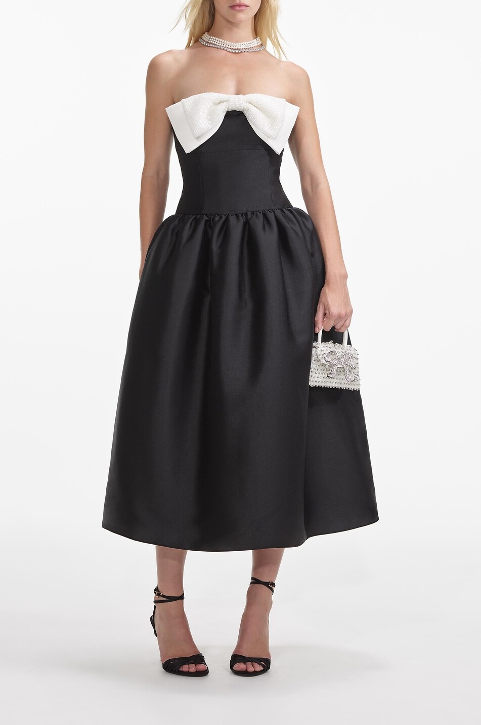 SELF PORTRAIT Contrast Bow off-shoulder taffeta midi dress Women BLACK 3