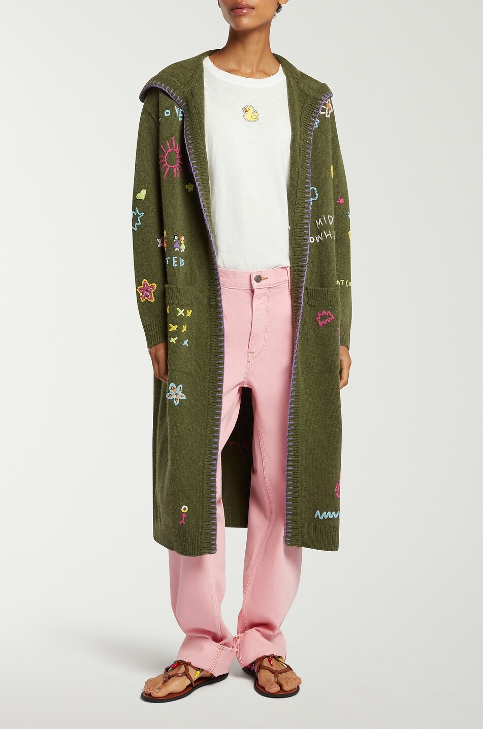 MIRA MIKATI Cardigan long brodé à capuche en laine mélangée Doodle Words Femme KAKI 3