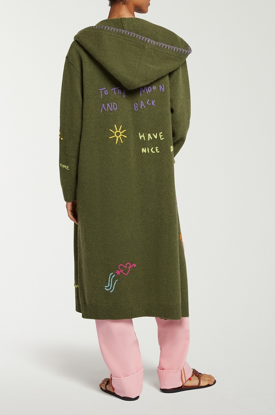 MIRA MIKATI Cardigan long brodé à capuche en laine mélangée Doodle Words Femme KAKI 4