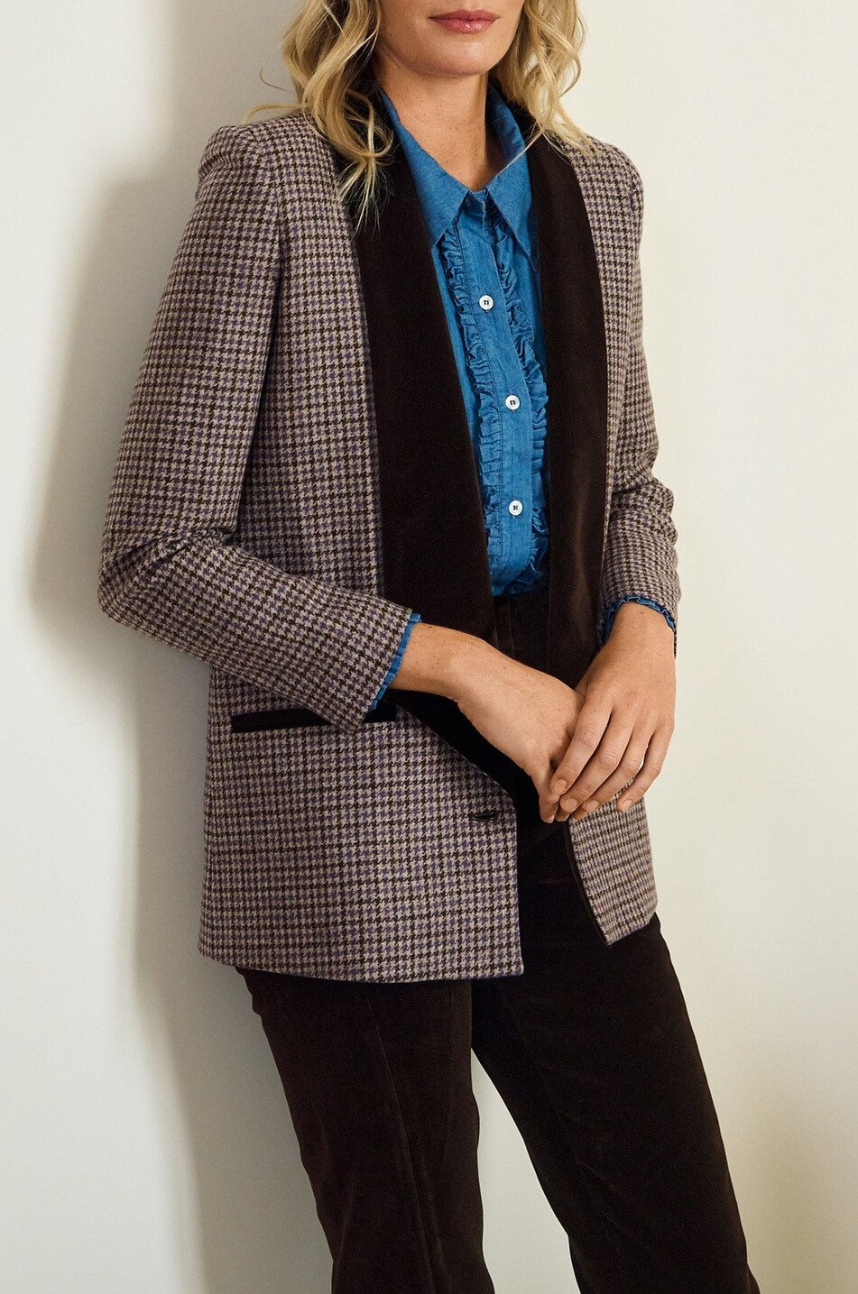 BYAN Wolf houndstooth check wool and velvet blazer Women MULTI COLOURED 4