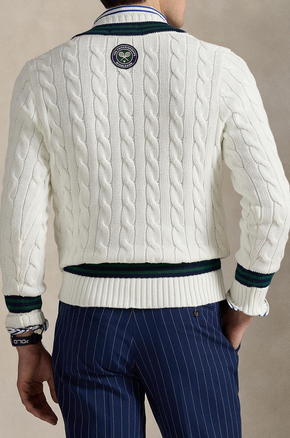 POLO RALPH LAUREN Big Pony Wimbledon cotton cable-knit V-neck jumper Men WHITE 3