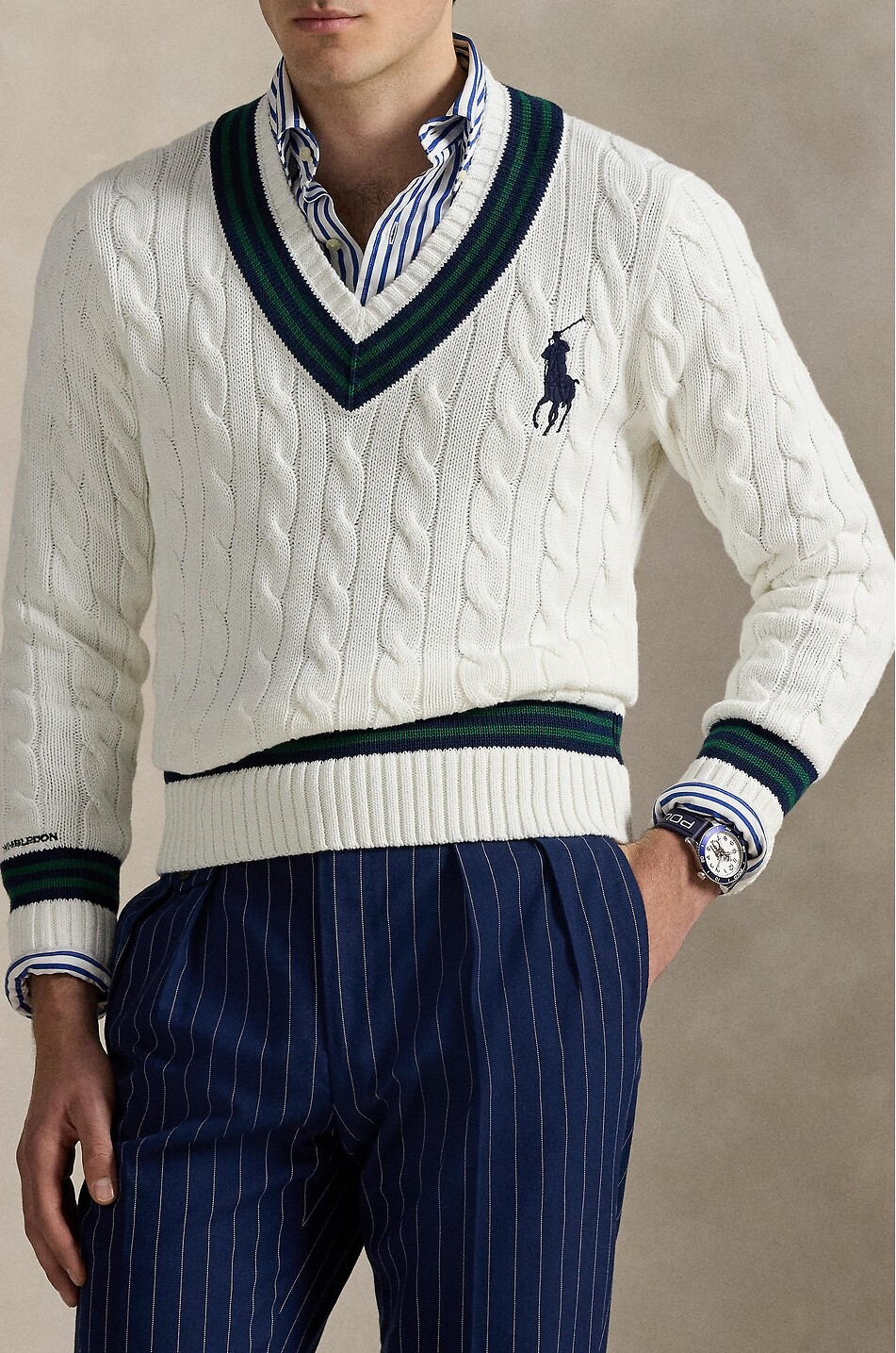 POLO RALPH LAUREN Big Pony Wimbledon cotton cable-knit V-neck jumper Men WHITE 5