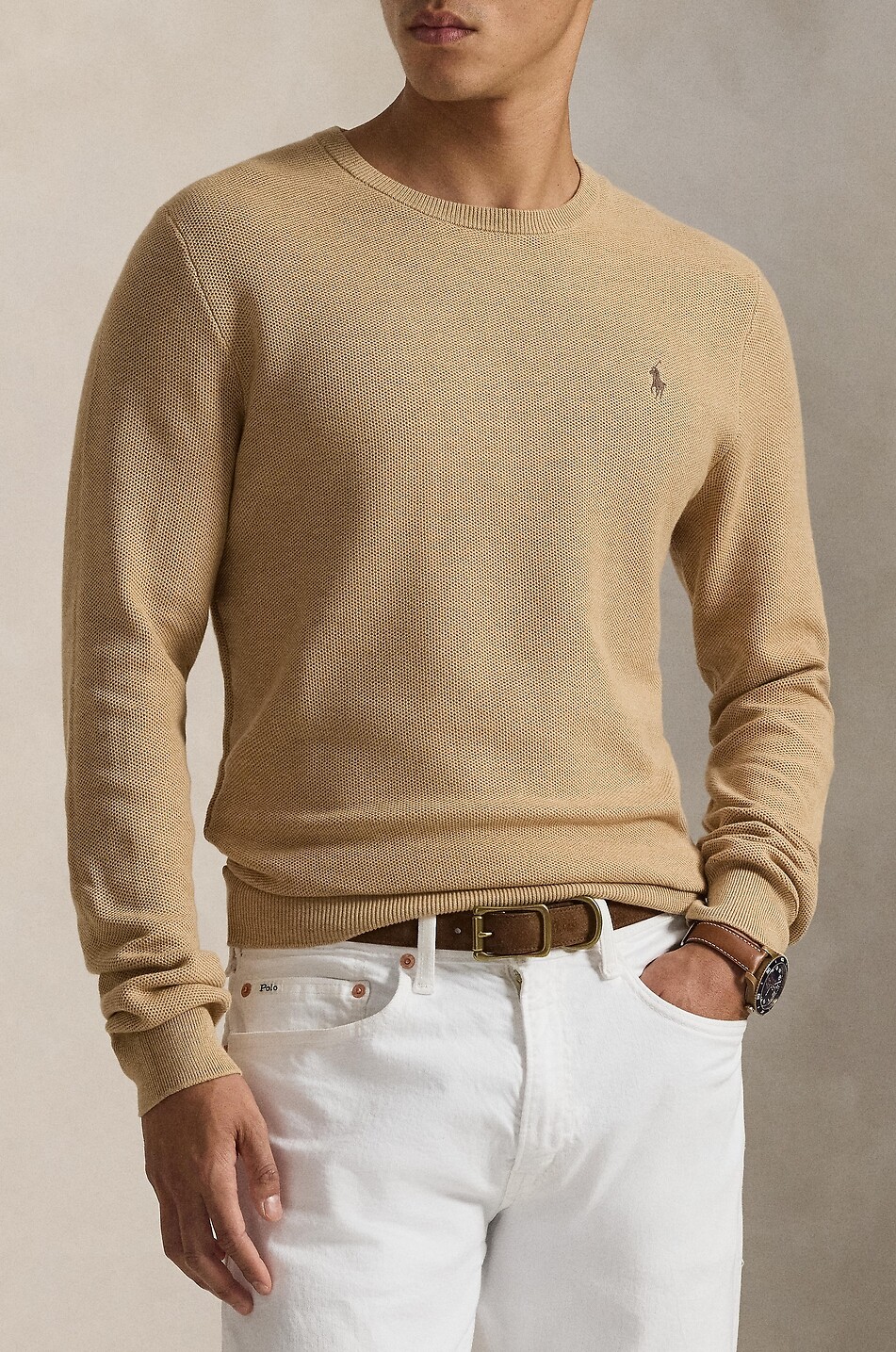POLO RALPH LAUREN Pull à col rond en coton en maille piquée Pony Homme CAMEL 5