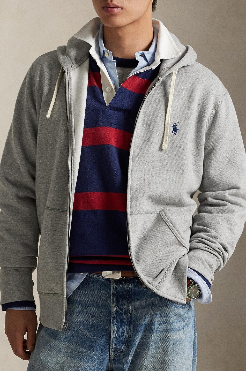 POLO RALPH LAUREN Pony zipped hooded sweatshirt in cotton blend Men GREY 4