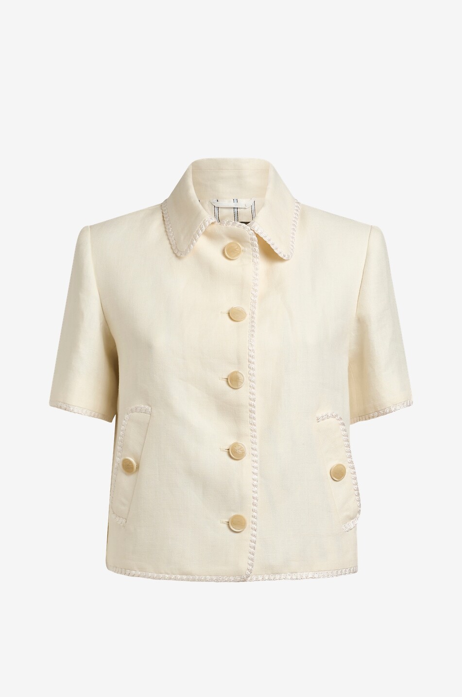 Braid-embellished short-sleeved linen tailoring jacket