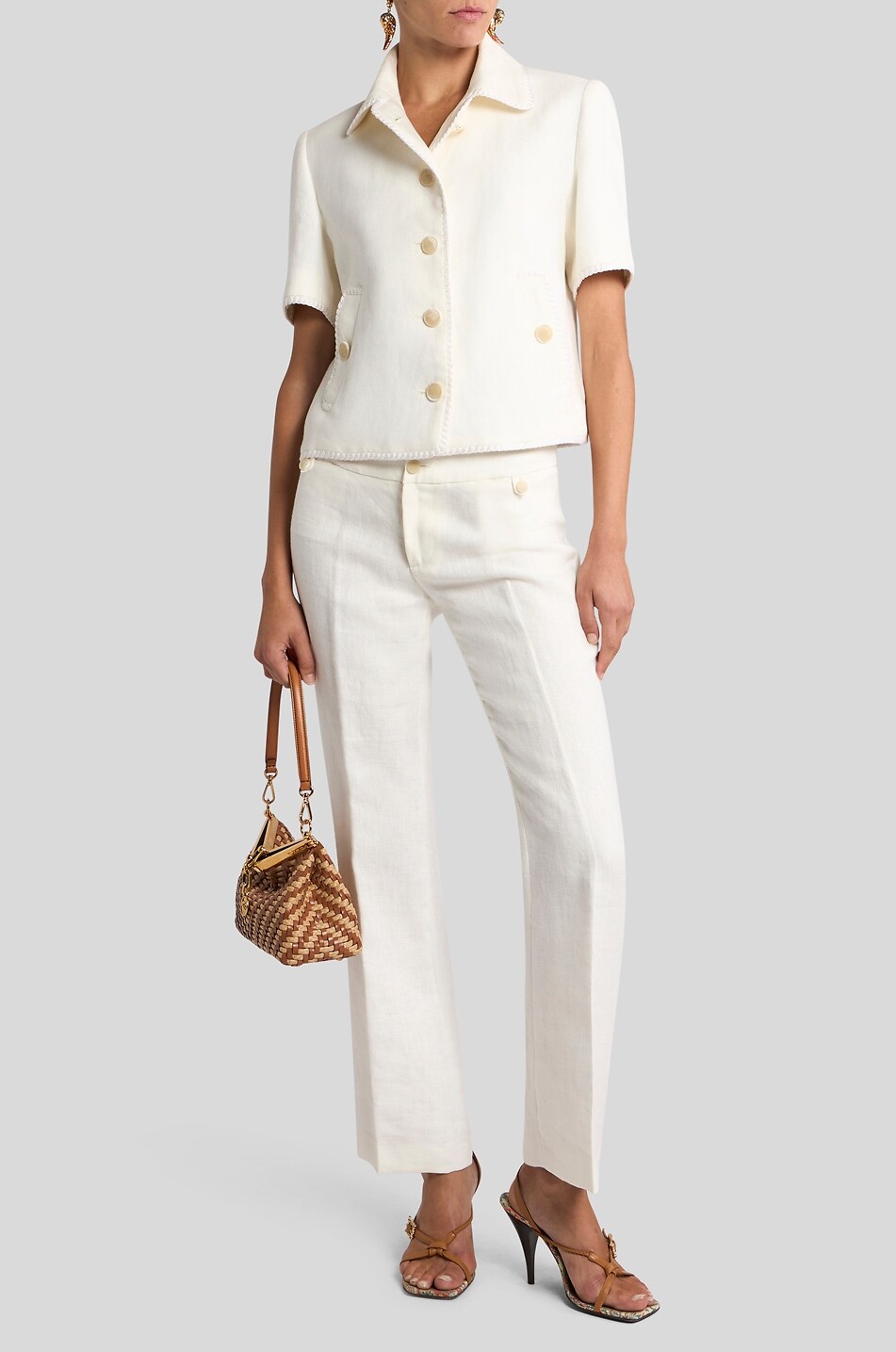 ETRO Braid-embellished short-sleeved linen tailoring jacket Women WHITE 3