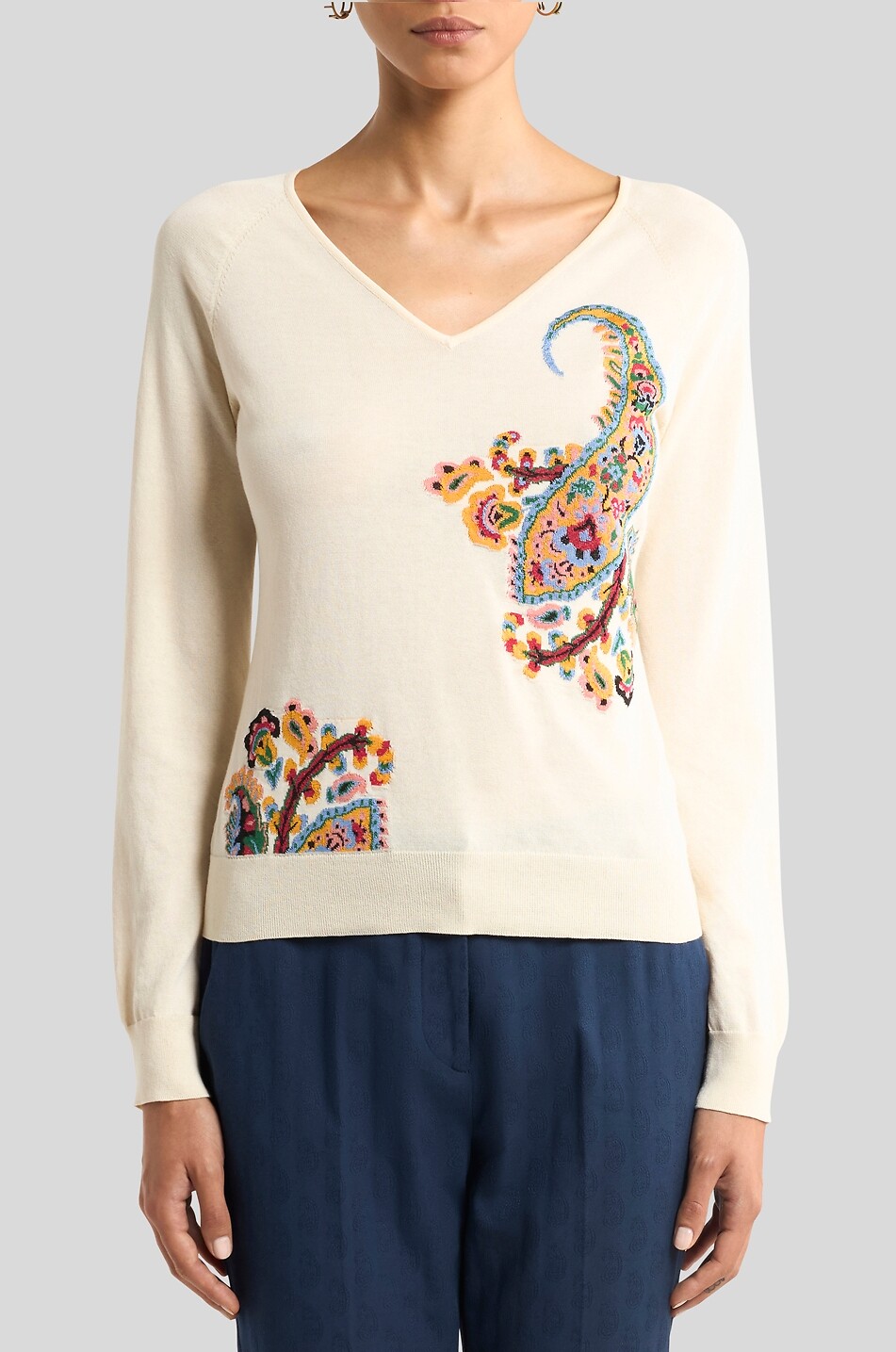 ETRO Pull fin à col V en coton motif Paisley Femme BEIGE 3