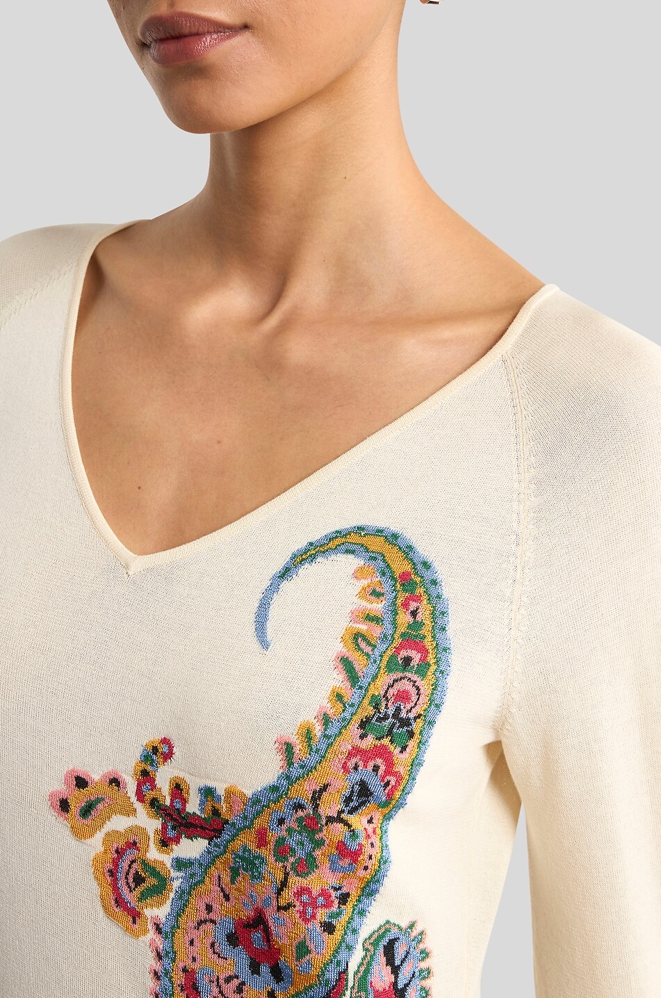 ETRO Pull fin à col V en coton motif Paisley Femme BEIGE 5