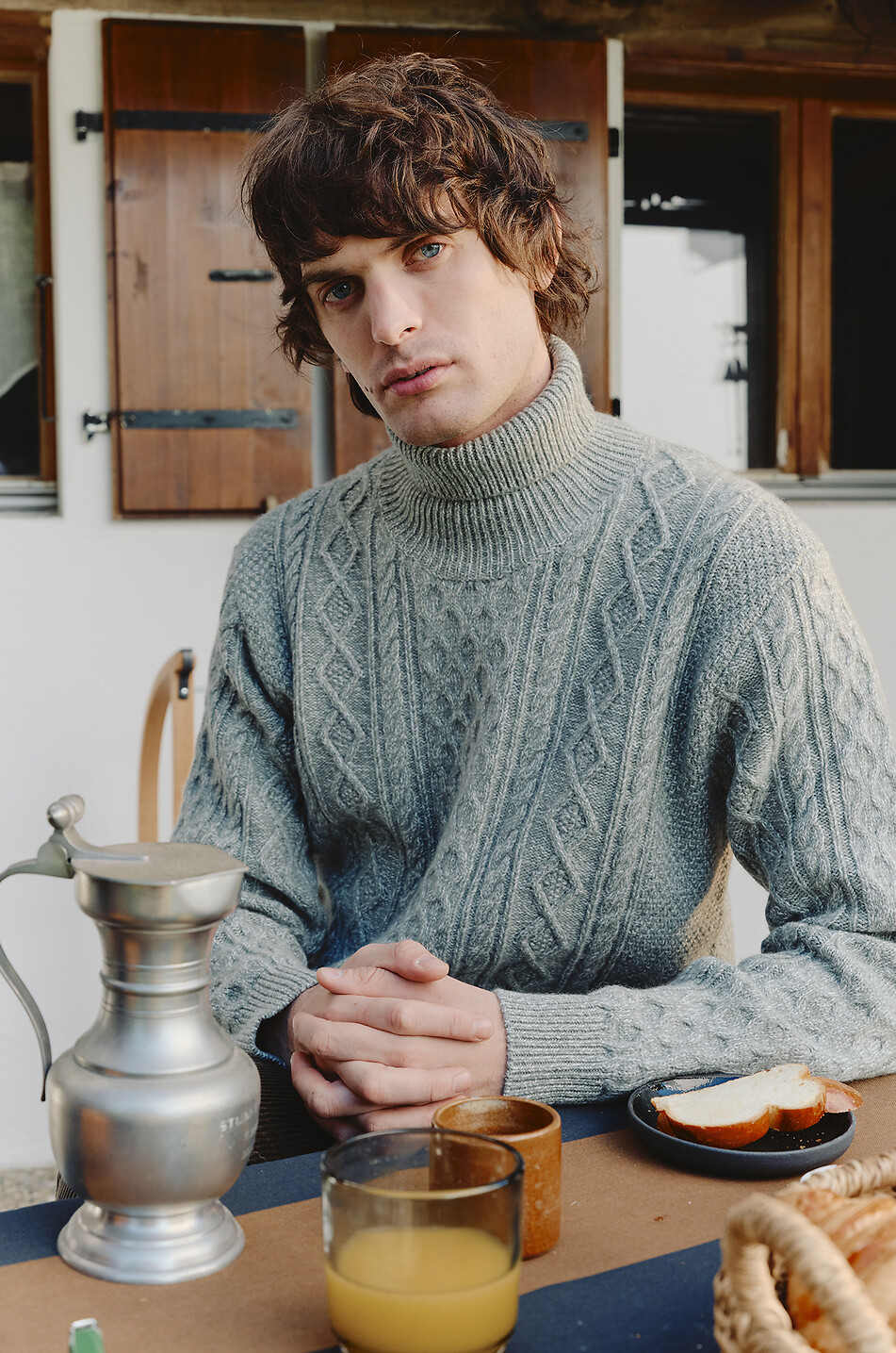 04651/ Pull torsadé à col roulé en laine et cachemire Mouliné Homme VERT MOYEN 4