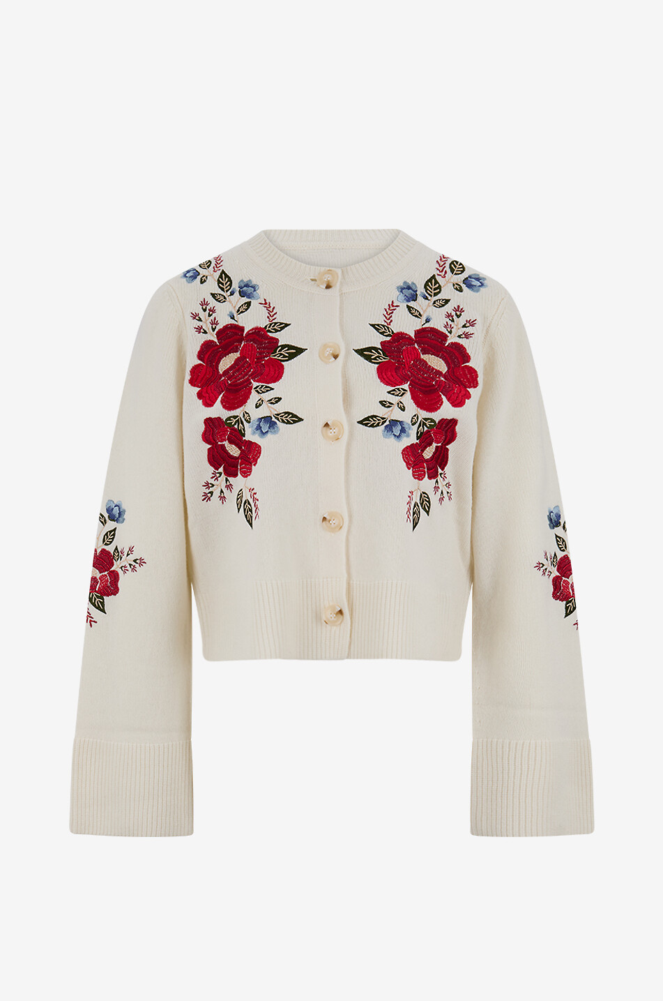 Flowers embroidered rib knit button-down cardigan