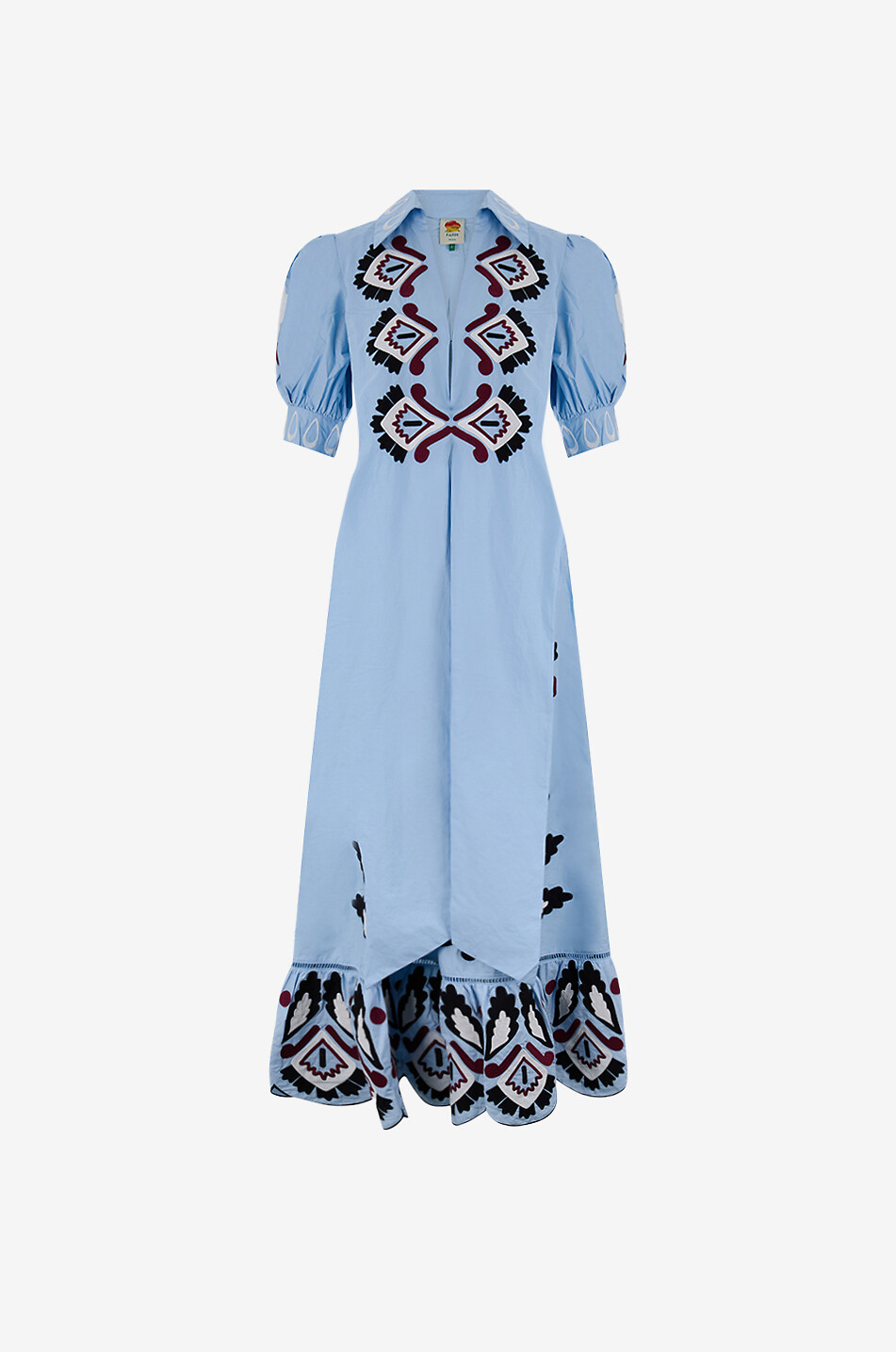 FARM RIO Blue Artisanal embroidered cotton maxi dress with puff sleeves Women LIGHT BLUE 1