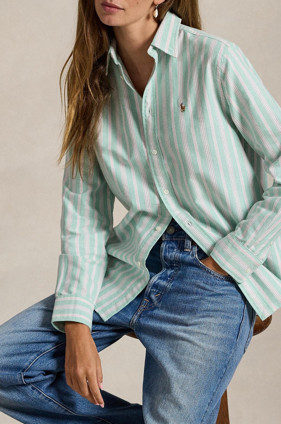 POLO RALPH LAUREN Classic Fit pony embroidered logo striped cotton shirt Women GREEN 4