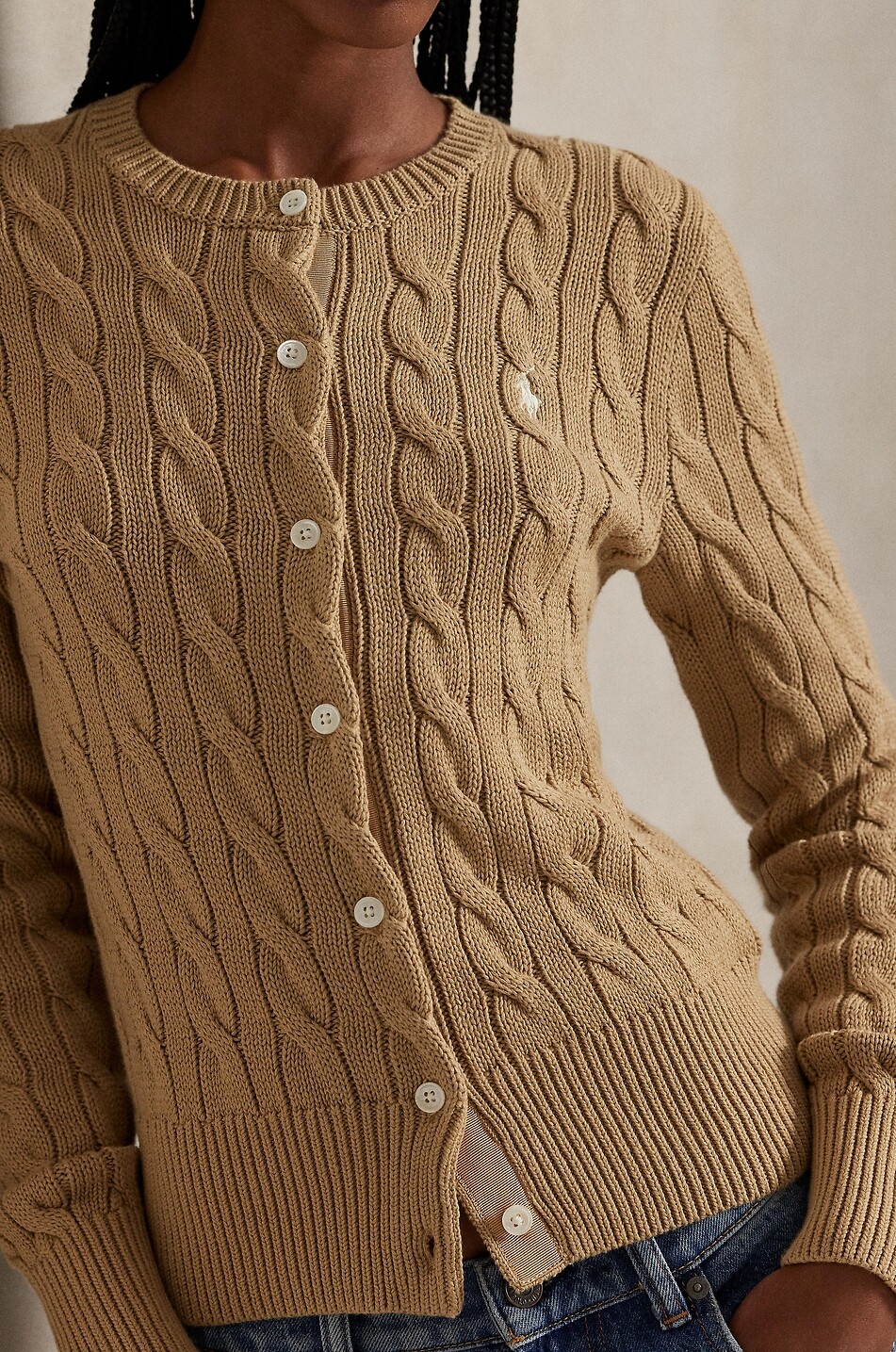 POLO RALPH LAUREN Cardigan torsadé à col rond en coton Pony Femme Beige Foncé 5