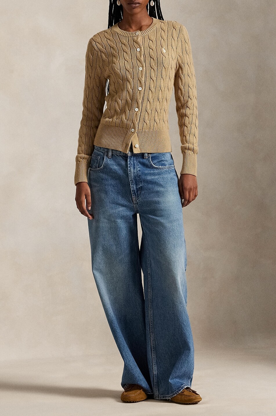 POLO RALPH LAUREN Cardigan torsadé à col rond en coton Pony Femme Beige Foncé 2