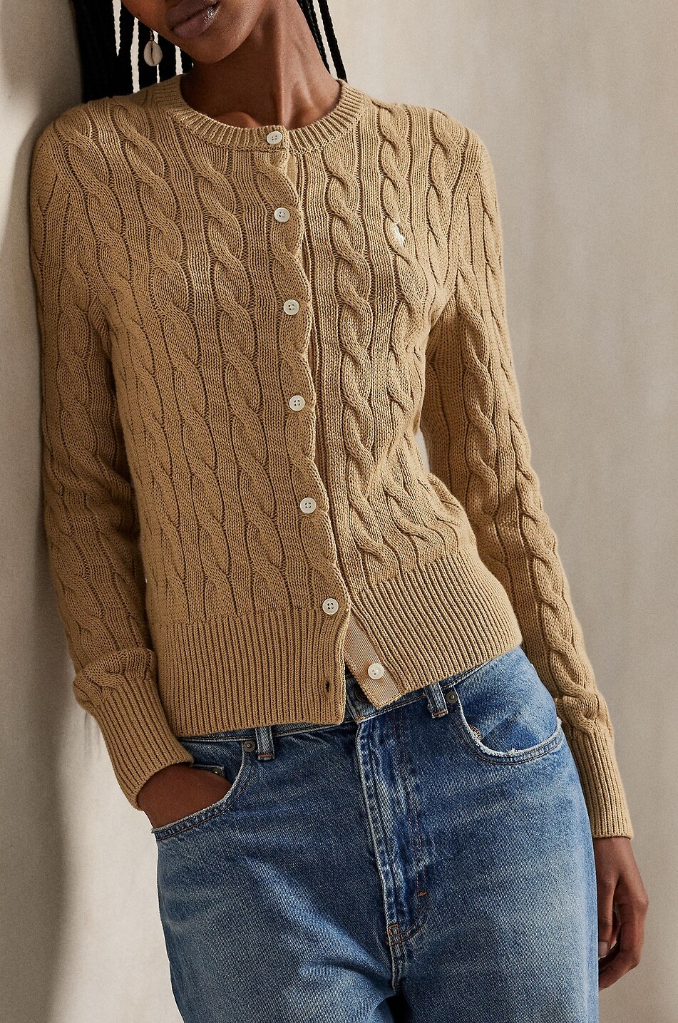 POLO RALPH LAUREN Cardigan torsadé à col rond en coton Pony Femme Beige Foncé 4