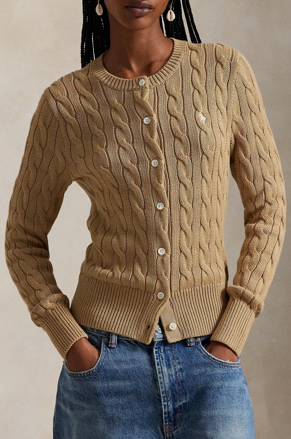 POLO RALPH LAUREN Cardigan torsadé à col rond en coton Pony Femme Beige Foncé 6