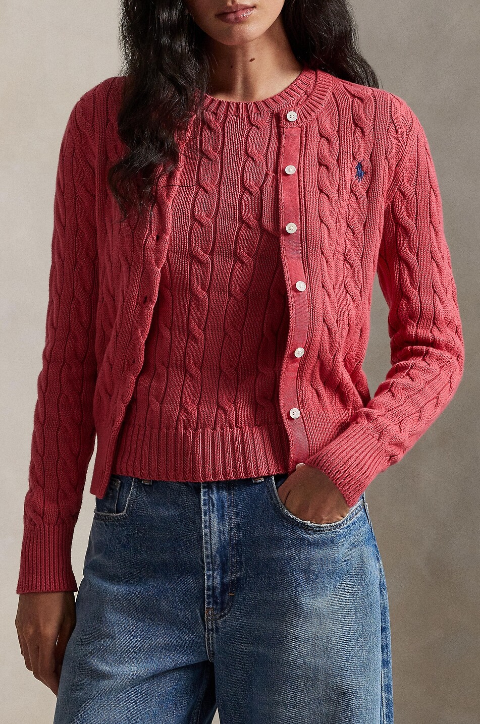 POLO RALPH LAUREN Pony cotton cable-knit crewneck cardigan Women RED 5