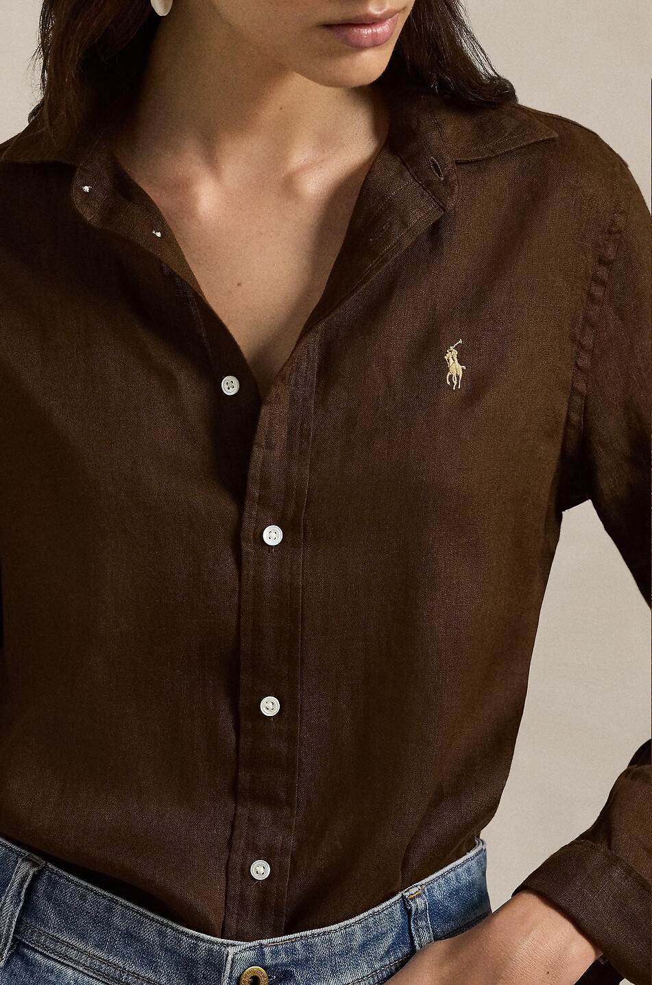 POLO RALPH LAUREN Chemise en lin à manches longues Classic Fit Femme MARRON FONCÉ 4