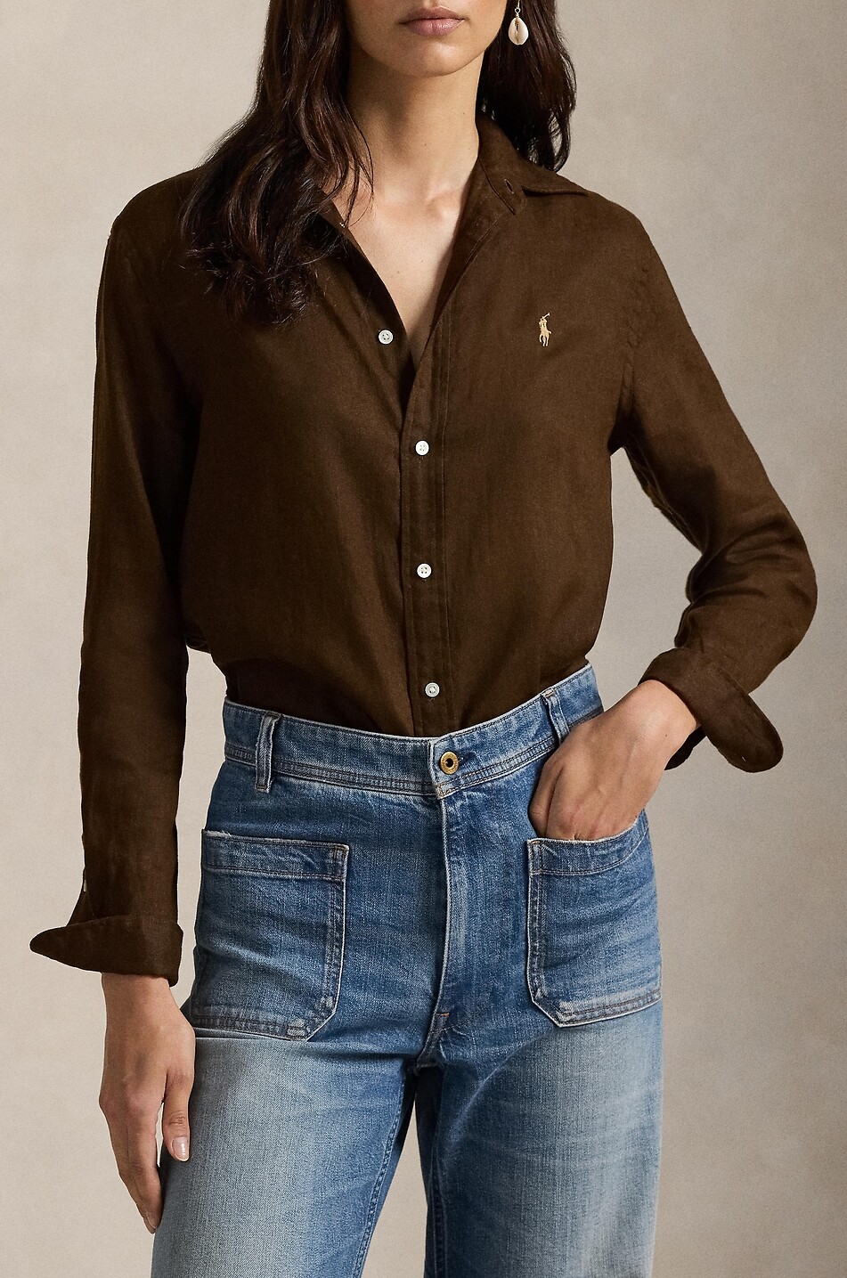 POLO RALPH LAUREN Chemise en lin à manches longues Classic Fit Femme MARRON FONCÉ 5