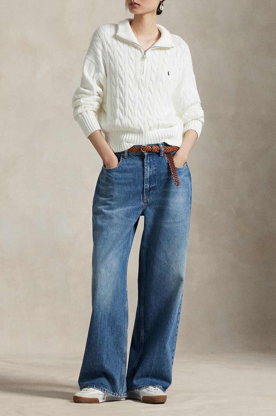 POLO RALPH LAUREN Zopfstrickpullover aus Baumwolle mit Troyer-Kragen Pony Damen WEISS 2