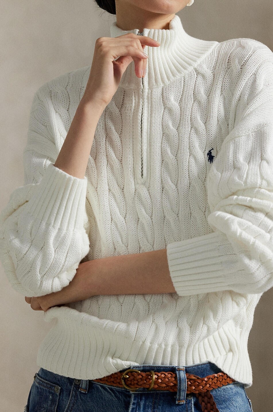 POLO RALPH LAUREN Zopfstrickpullover aus Baumwolle mit Troyer-Kragen Pony Damen WEISS 4