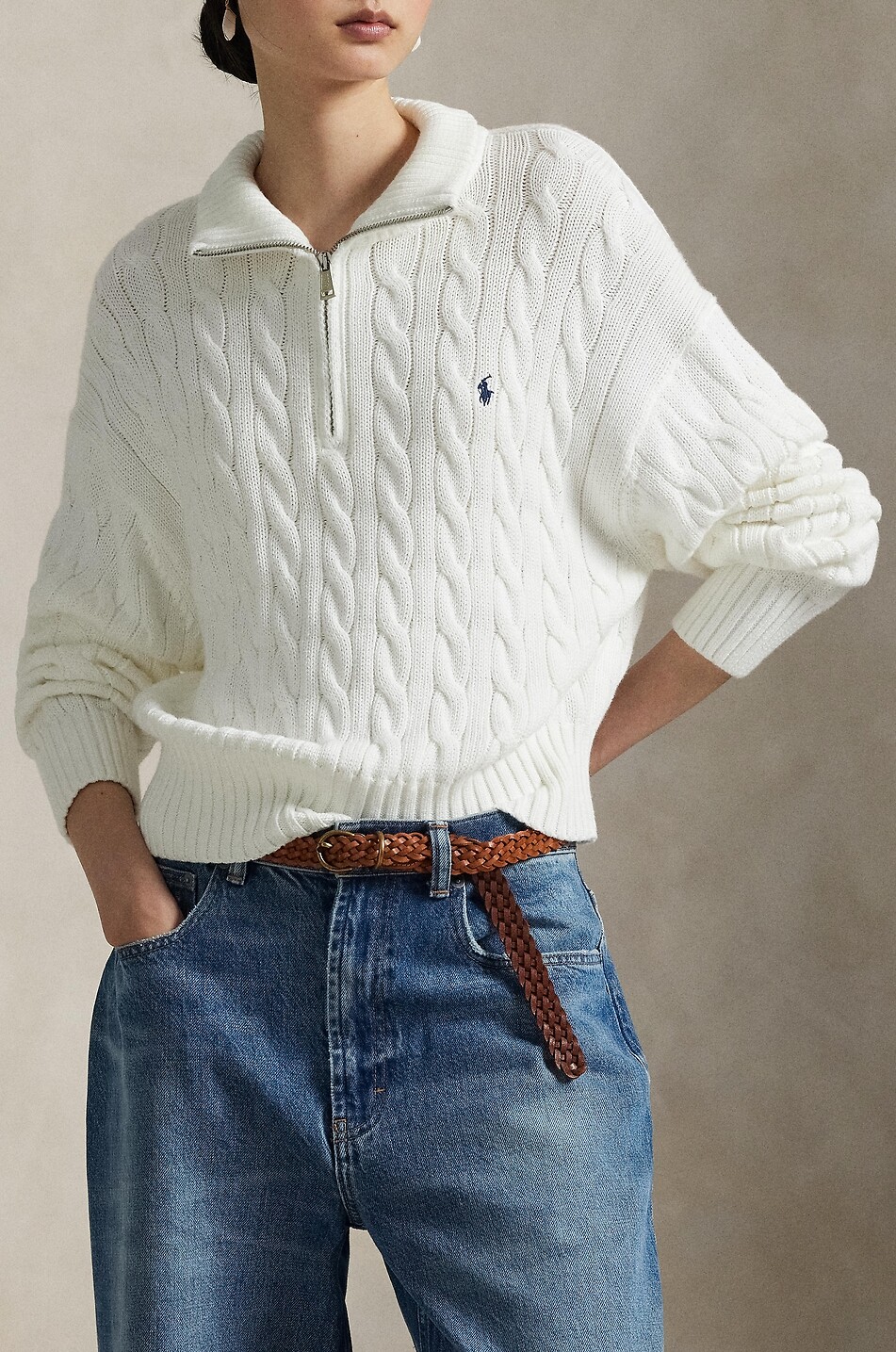 POLO RALPH LAUREN Zopfstrickpullover aus Baumwolle mit Troyer-Kragen Pony Damen WEISS 5