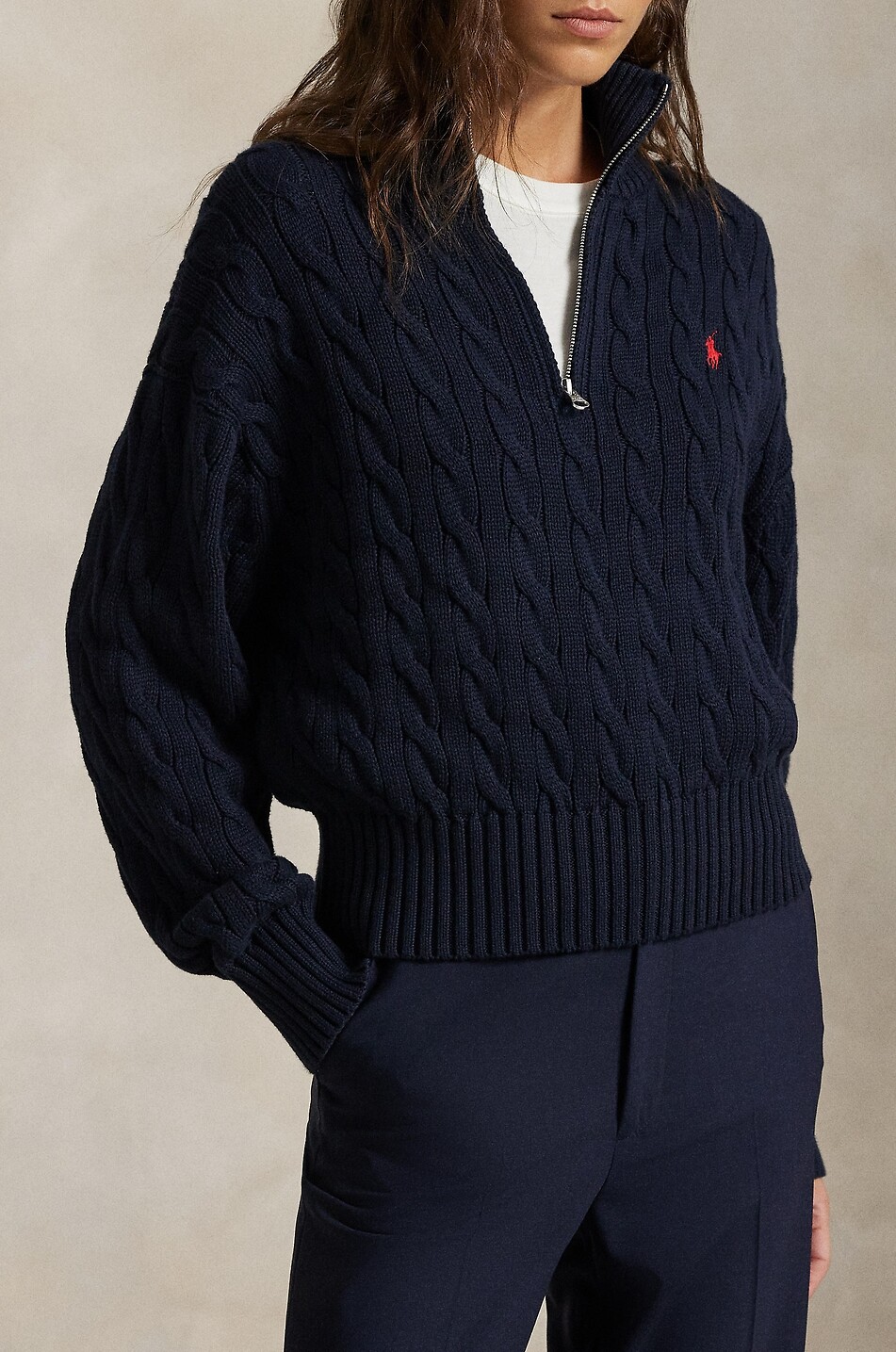POLO RALPH LAUREN Pony half-zip cable-knit cotton jumper Women DARK BLUE 6
