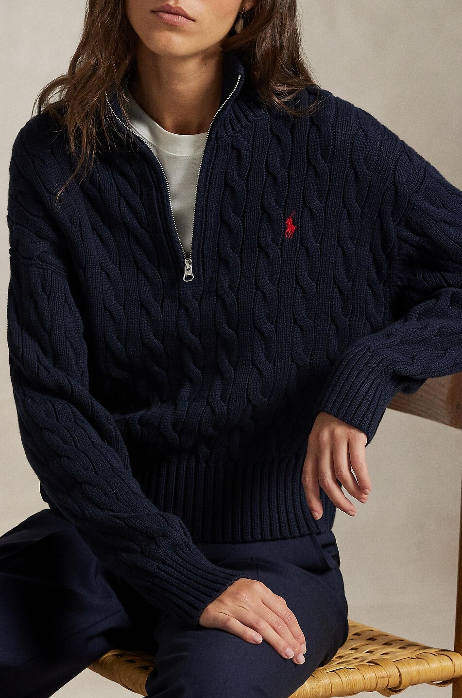POLO RALPH LAUREN Pony half-zip cable-knit cotton jumper Women DARK BLUE 3