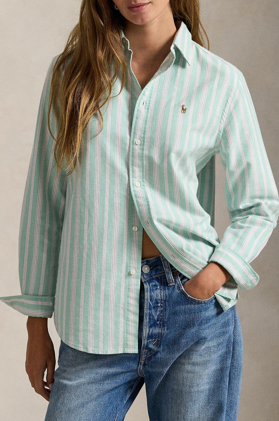 POLO RALPH LAUREN Classic Fit pony embroidered logo striped cotton shirt Women GREEN 6