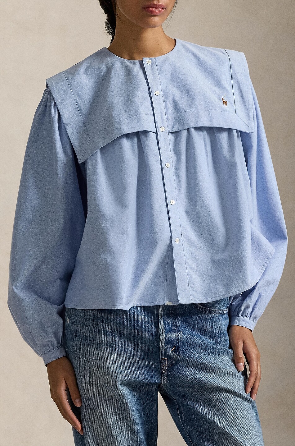 POLO RALPH LAUREN Draped collar canvas shirt Women LIGHT BLUE 5