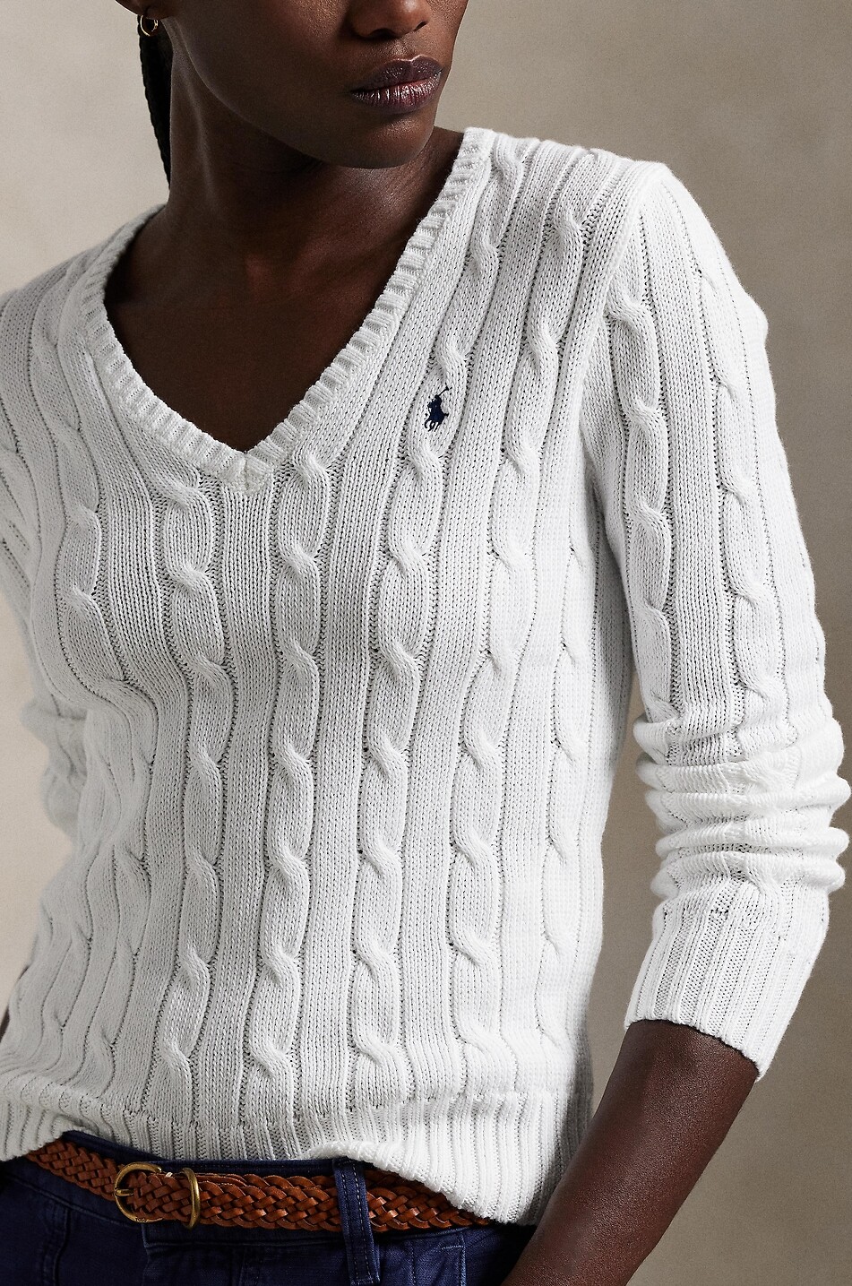 POLO RALPH LAUREN Pony cotton cable-knit V-neck jumper Women WHITE 4