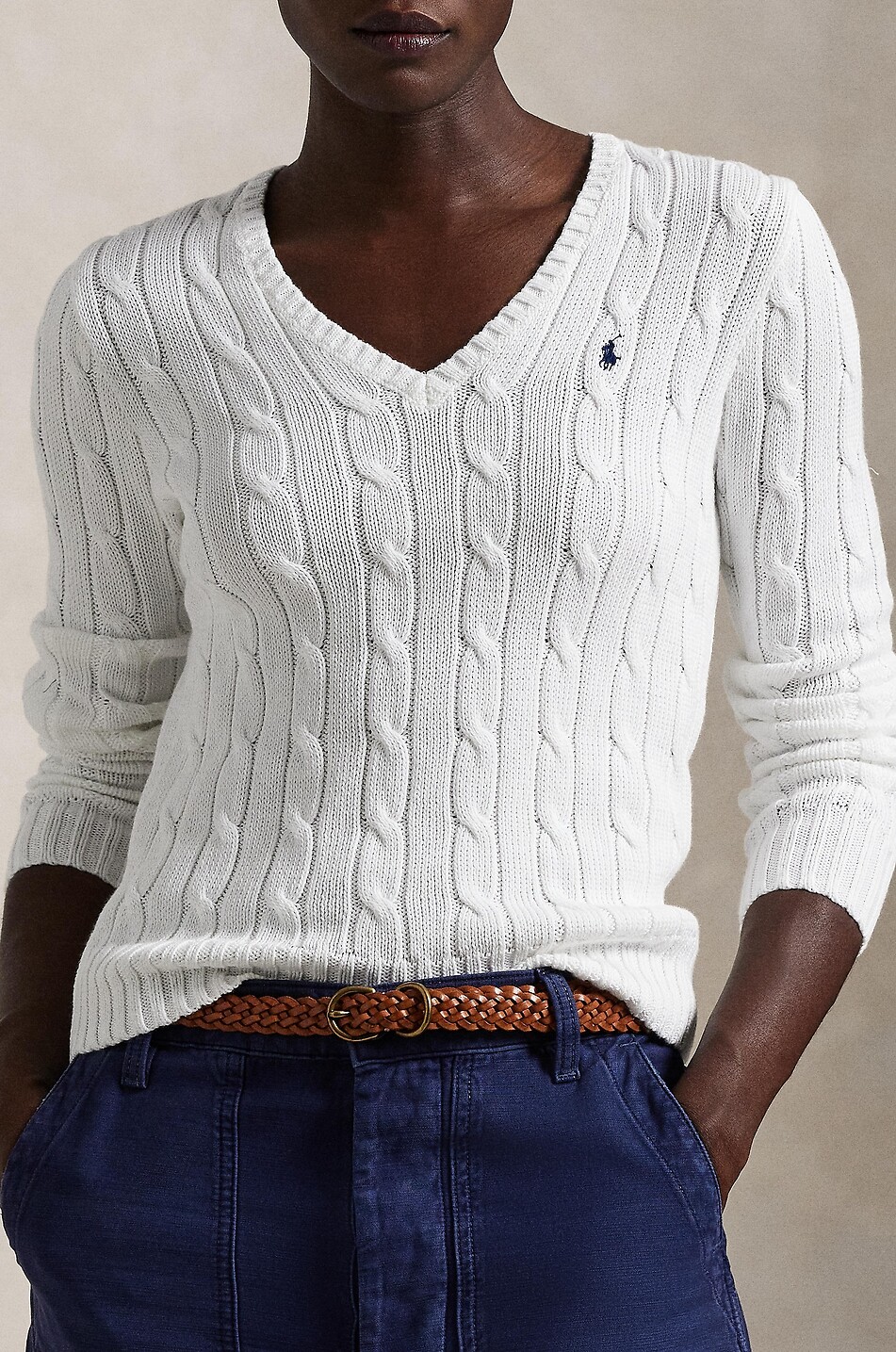 POLO RALPH LAUREN Pony cotton cable-knit V-neck jumper Women WHITE 5