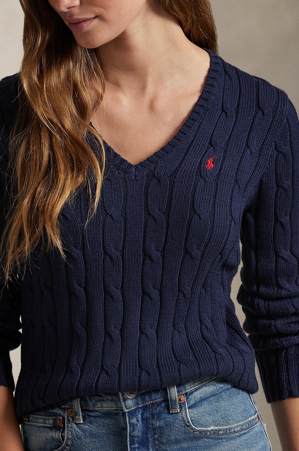 POLO RALPH LAUREN Pull torsadé en coton à col V Pony Femme BLEU FONCE 4