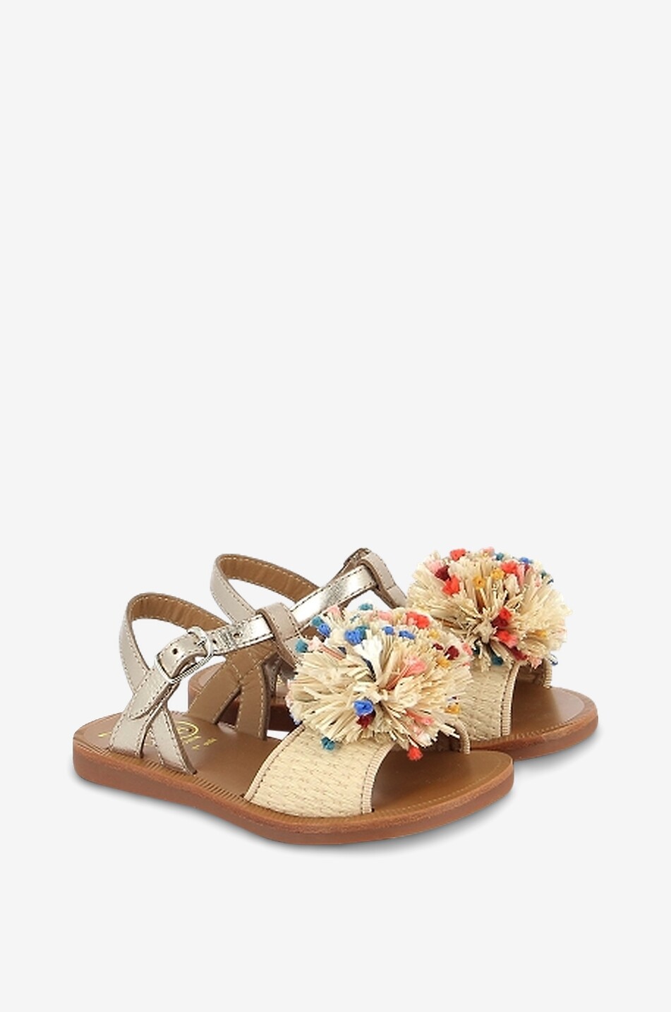 POM D'API Flache Mädchen-Sandalen aus Metallic-Leder und Bast Oro Pala-Crema Mädchen GOLDEN 1