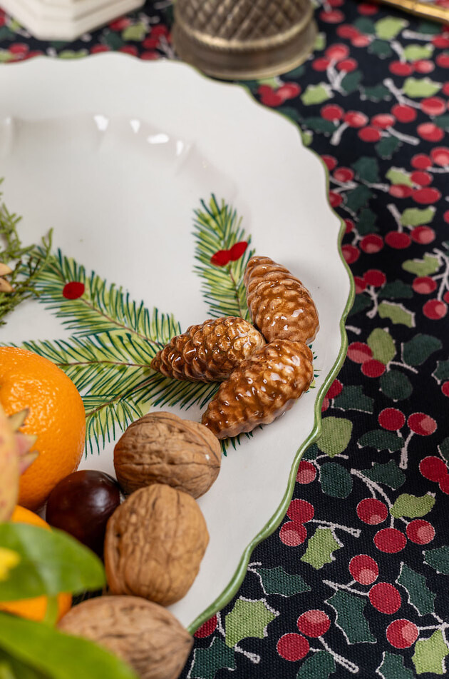 LES OTTOMANS Fir tree and pine cone painted round ceramic dish - D41 Home WHITE 2
