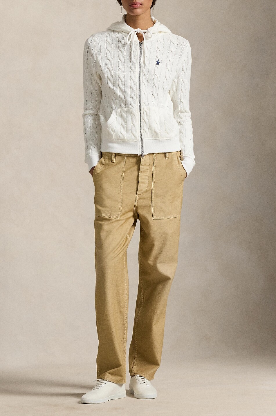 POLO RALPH LAUREN Cardigan torsadé zippé à capuche en coton Pony Femme BLANC 5