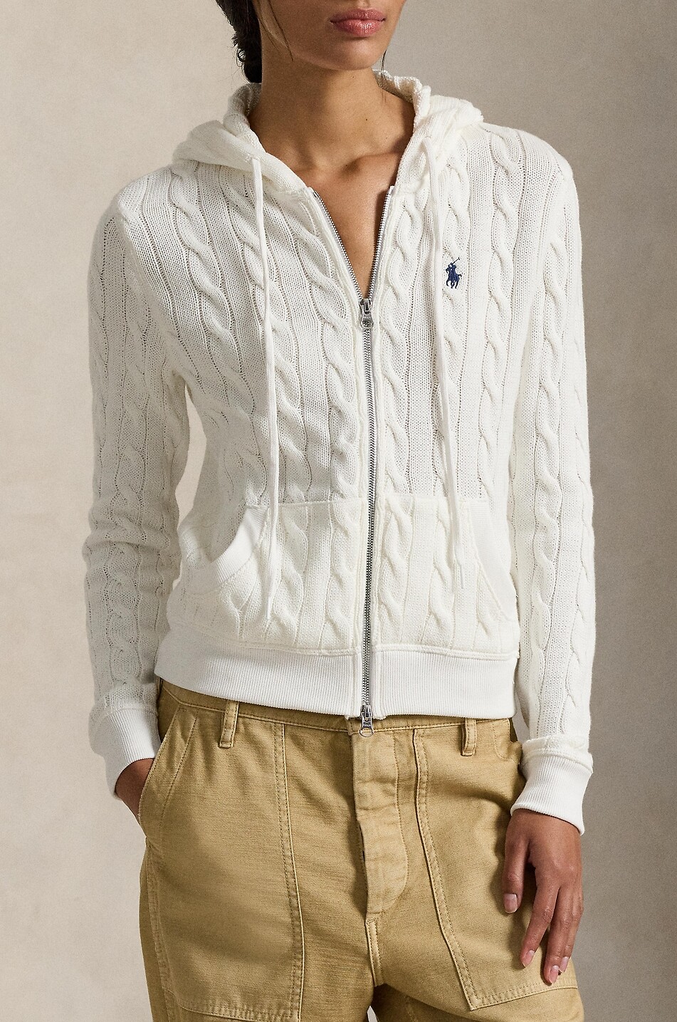 POLO RALPH LAUREN Cardigan torsadé zippé à capuche en coton Pony Femme BLANC 4