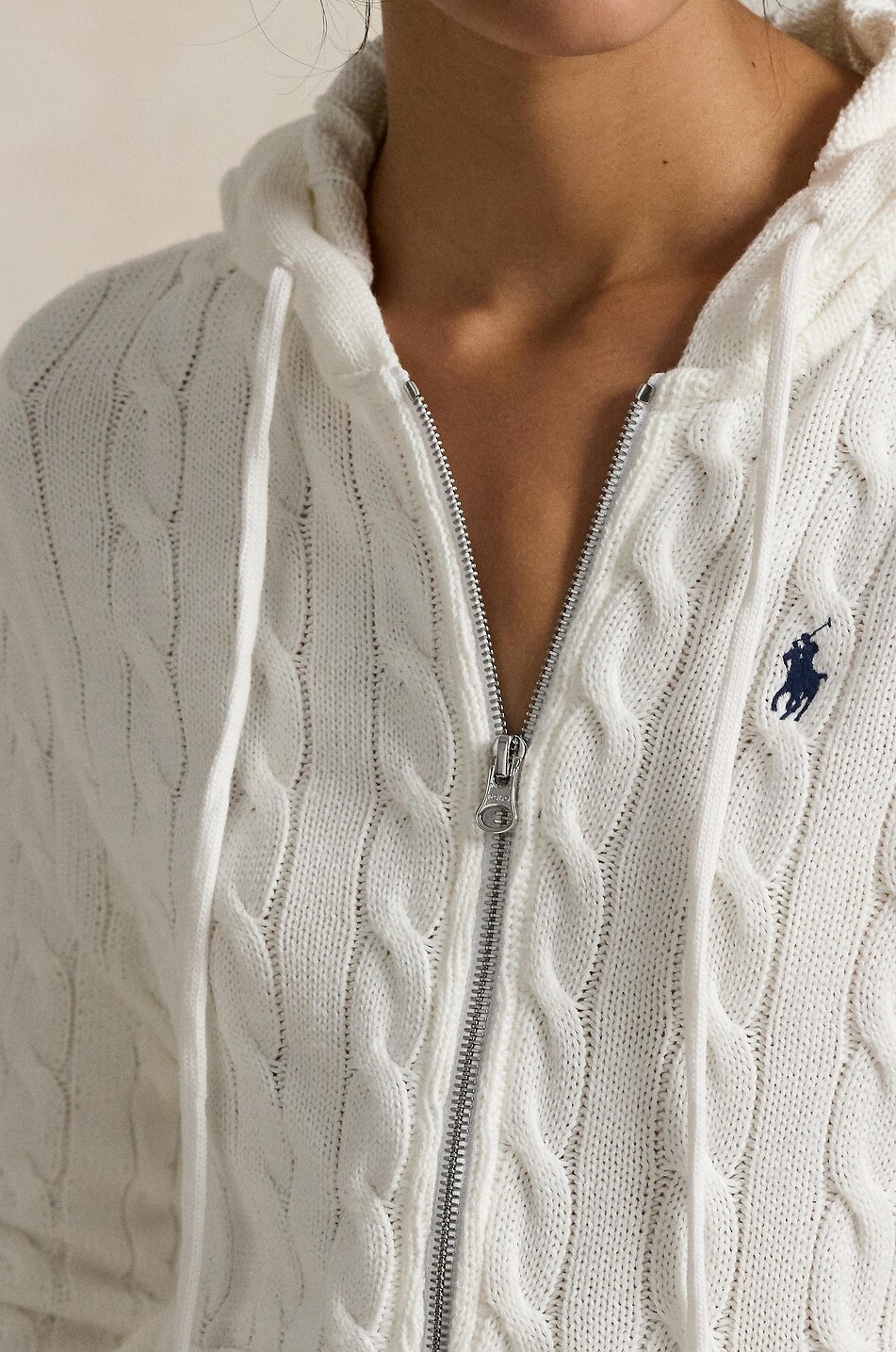 POLO RALPH LAUREN Cardigan torsadé zippé à capuche en coton Pony Femme BLANC 3