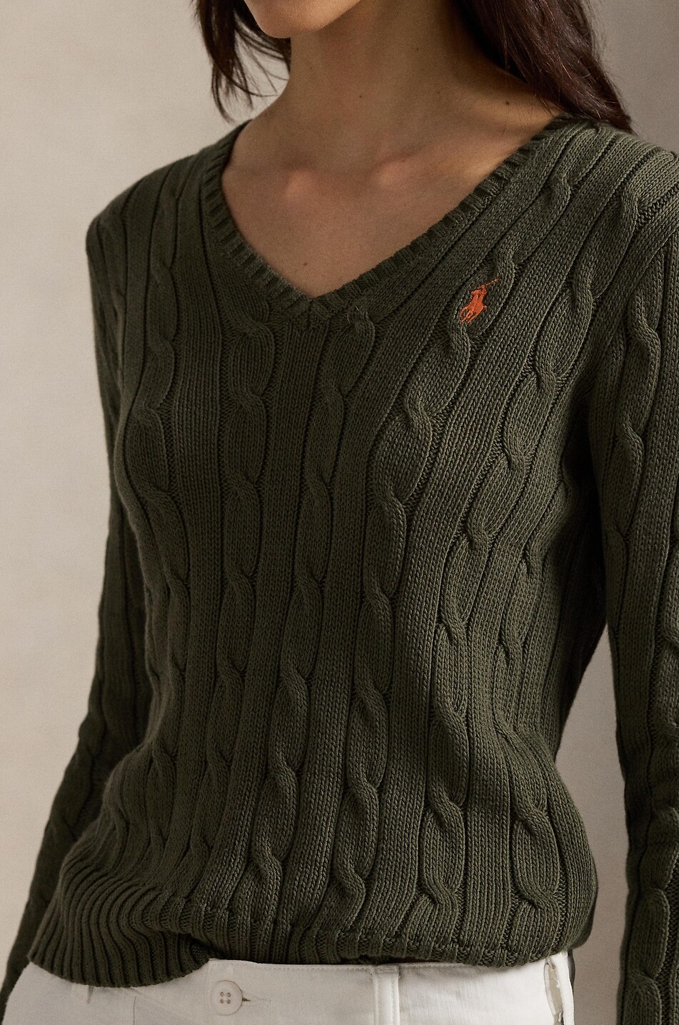 POLO RALPH LAUREN Pony V-neck cable-knit cotton jumper Women DARK GREEN 4